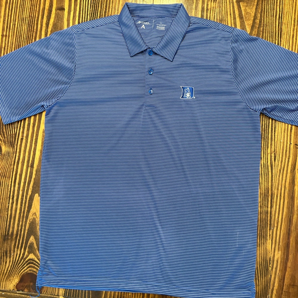 Antigua Royal Blue Striped Polo Shirt with Duke Embroidery